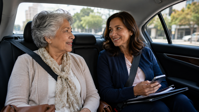 Duas mulheres conversando e sorrindo no banco de trás de um carro.