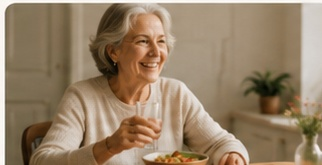 Uma idosa sorrindo em casa, tomando um suco à mesa, à luz natural.