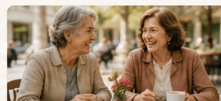 Duas amigas conversando e sorrindo numa mesa de café ao ar livre.
